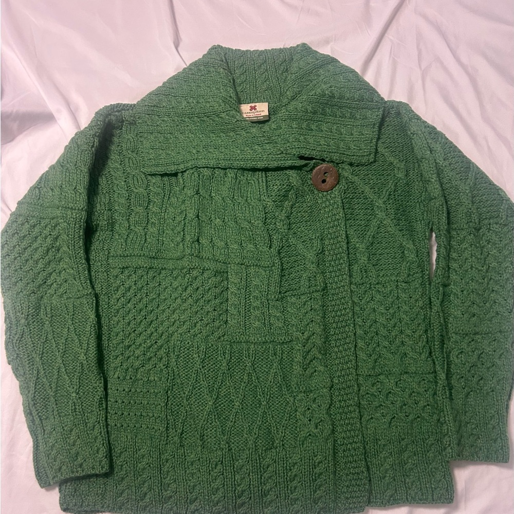 Carraig Donn Green 100% Merino Wool Cardigan Sz L Shawl Collar St. Patrick’s Day - Picture 4 of 14